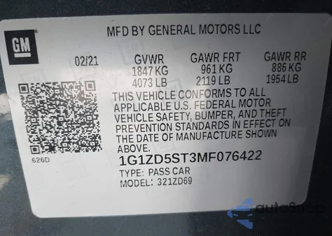 2021 Chevrolet Malibu Fwd Lt из США, поврежденный, VIN 1G1ZD5ST3MF076422